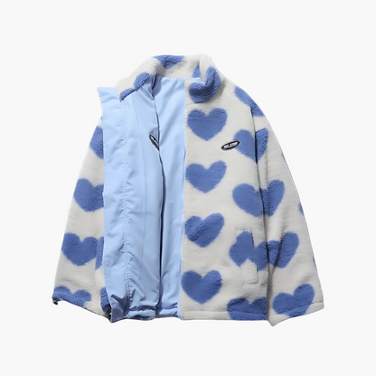 Women's Reversible Fluffy Hearts Full Zip Fleece Jacket – Casual Cozy Style for Everyday Wear