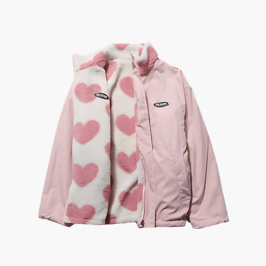 Women's Reversible Fluffy Hearts Full Zip Fleece Jacket – Casual Cozy Style for Everyday Wear