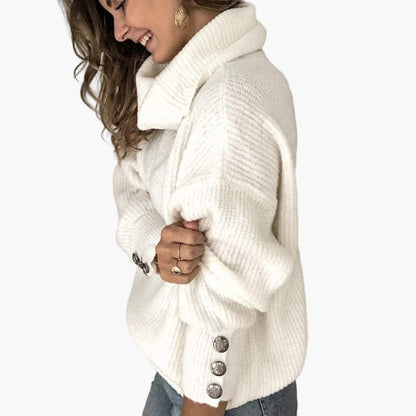 Women's Cozy Pullover Turtleneck Sweater with Button Sleeve Detail – Casual Relaxed Fit