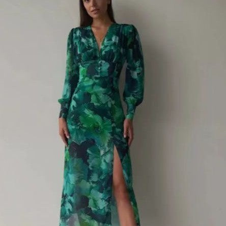 Louise – V-Neck Dress with REDLEAF Print