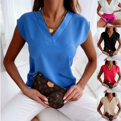 Women's Casual V-Neck Short Sleeve Blouse – Elegant Everyday Top for Work or Leisure