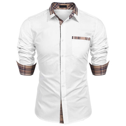 Men's Slim Fit Plaid Detail Dress Shirt, Casual Business Long Sleeve Button-Up