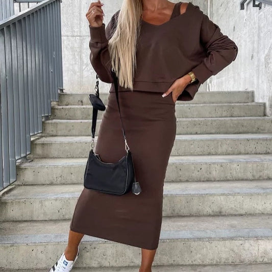 Denise – V-neck Hooded Dress with Short Top Suit