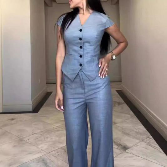 Audrey – V-neck Top Casual Straight Pants Suit