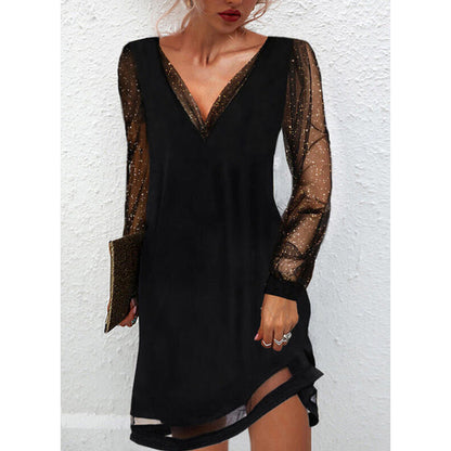 Rachael – Solid Lace Trim Sleeves V Neck Pullover Dress
