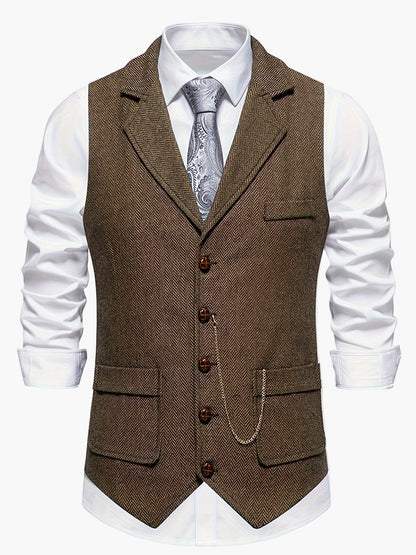 Men's Classic Herringbone Suit Vest with Lapel – Formal Business Waistcoat