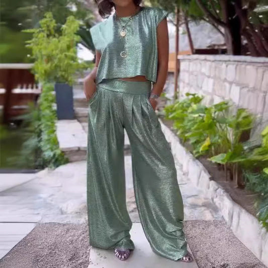 Hannah – Women's Casual Glossy Vest and Wide Leg Pants Set
