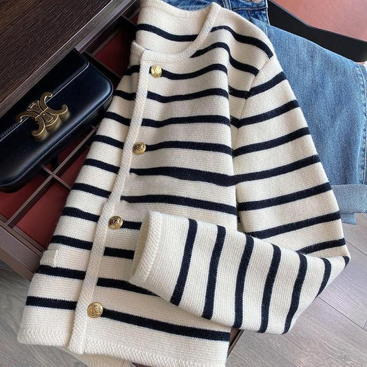 Phoebe – Cropped Knitted Cardigan with Stripes