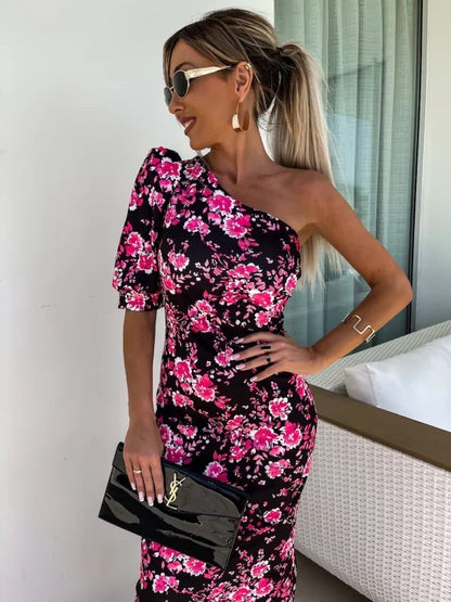 Esme – Asymmetrical Printed Dress with Pleats