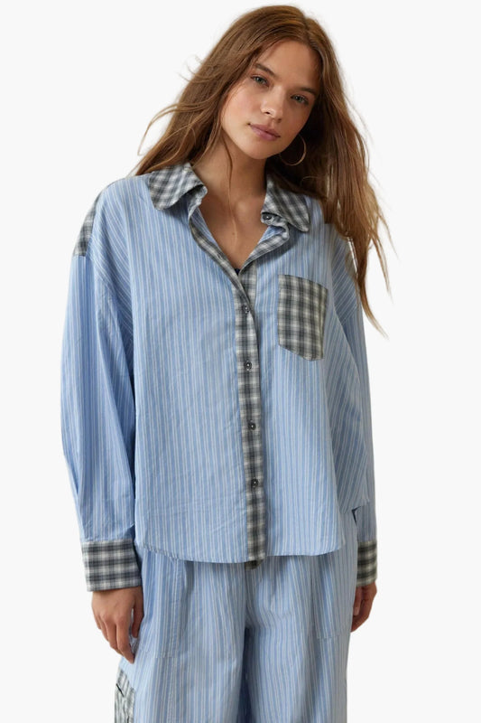 Women's Relaxed Fit Pajama Set with Striped and Plaid Accents for Cozy Loungewear and Sleepwear