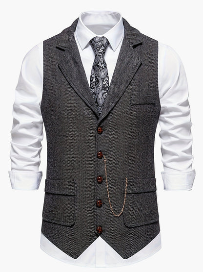 Men's Classic Herringbone Suit Vest with Lapel – Formal Business Waistcoat