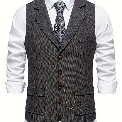 Men's Classic Herringbone Suit Vest with Lapel – Formal Business Waistcoat