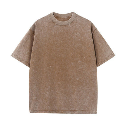 Katy – Pure Cotton Distressed T-shirt with Retro Round Neck and Short Sleeves