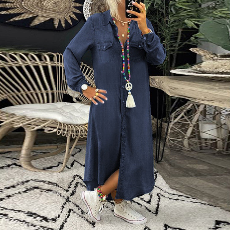 Phoebe – Denim Long Skirt with Short Sleeves and Shirt Collar