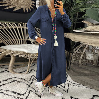 Phoebe – Denim Long Skirt with Short Sleeves and Shirt Collar