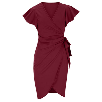 Betty – V-neck Tight Waist Pleating Bell Sleeve Sheath Dress