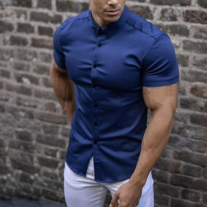 Doug – Men's Fashion Slim Solid Color Cardigan Short Sleeve Shirt