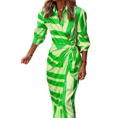 Laura – Striped Printed Dress with Lace-up Cardigan
