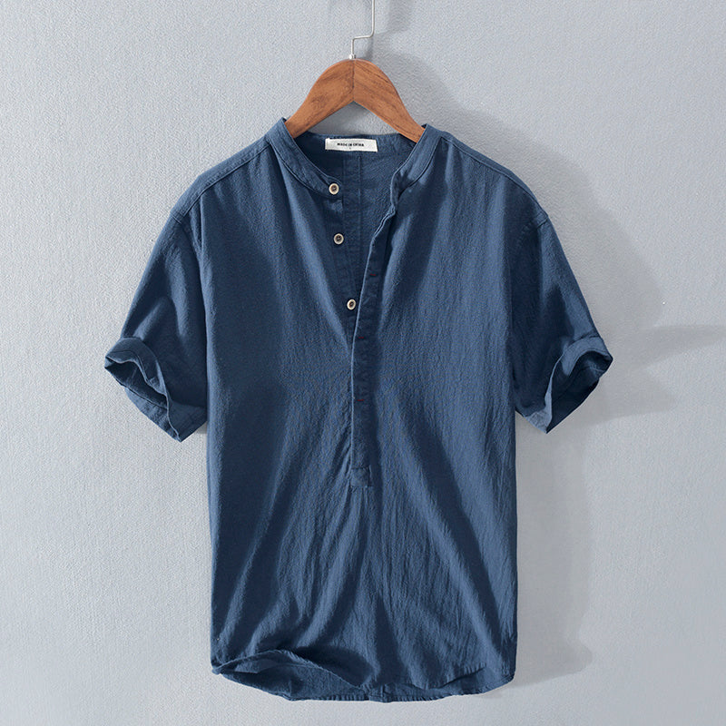 Malcolm – Men's Stand Collar Japanese Ice Silk Linen Short Sleeve T-shirt