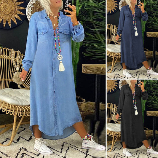Phoebe – Denim Long Skirt with Short Sleeves and Shirt Collar