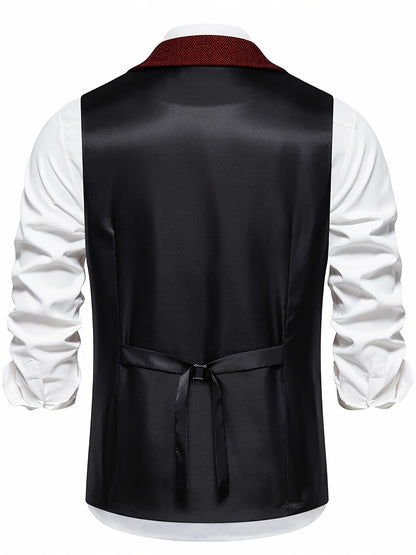 Men's Classic Herringbone Suit Vest with Lapel – Formal Business Waistcoat
