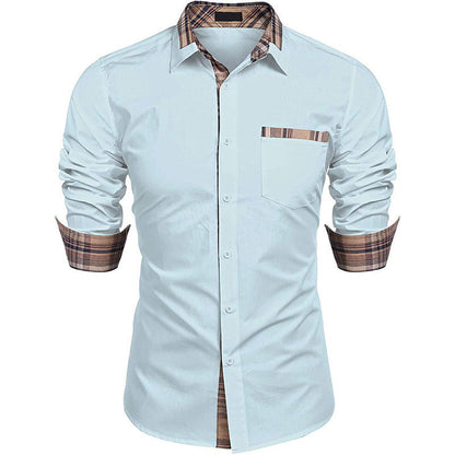 Men's Slim Fit Plaid Detail Dress Shirt, Casual Business Long Sleeve Button-Up