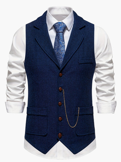 Men's Classic Herringbone Suit Vest with Lapel – Formal Business Waistcoat