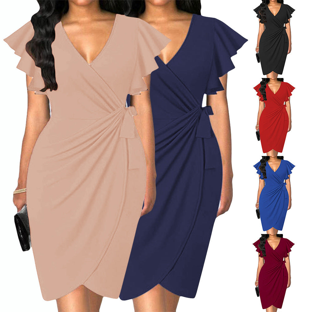 Betty – V-neck Tight Waist Pleating Bell Sleeve Sheath Dress