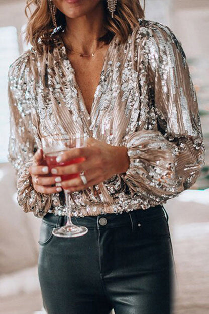 Women's Sequin Wrap Blouse Elegant Party Slim Fit Top