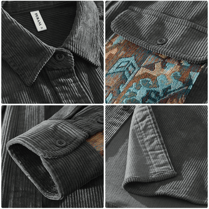 Men's Classic Casual Ribbed Shirt with Patch Pocket – Vintage Style Button-Up Top