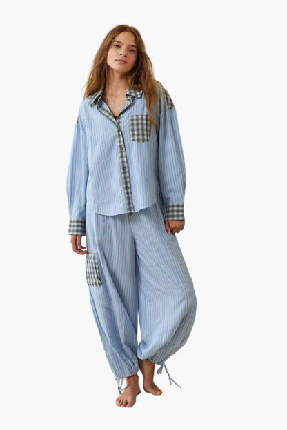 Women's Relaxed Fit Pajama Set with Striped and Plaid Accents for Cozy Loungewear and Sleepwear