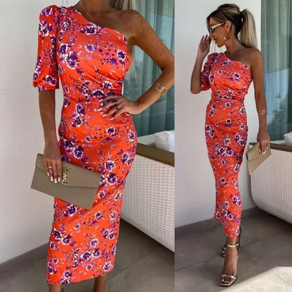 Esme – Asymmetrical Printed Dress with Pleats