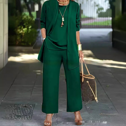 Julia – Premium Vegan Leather Split Round Neck Sleeveless Vest Top with Long Sleeve Cardigan and Wide Leg Pants Suit