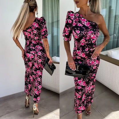 Esme – Asymmetrical Printed Dress with Pleats