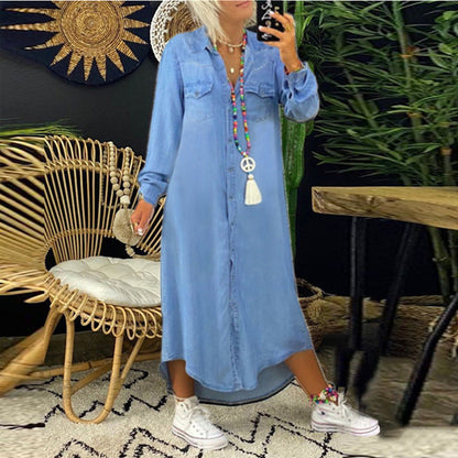 Phoebe – Denim Long Skirt with Short Sleeves and Shirt Collar