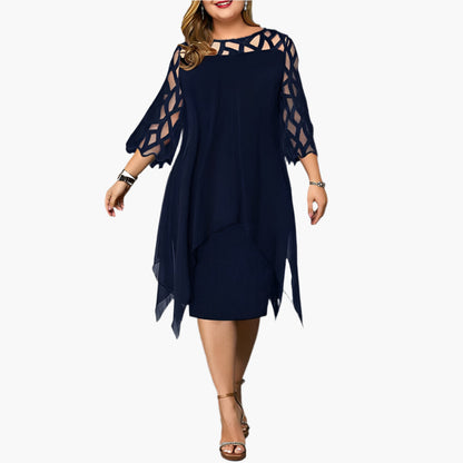 Women's Elegant Plus Size Midi Dress with Sheer Lace Sleeves – Stylish Cocktail & Evening Wear
