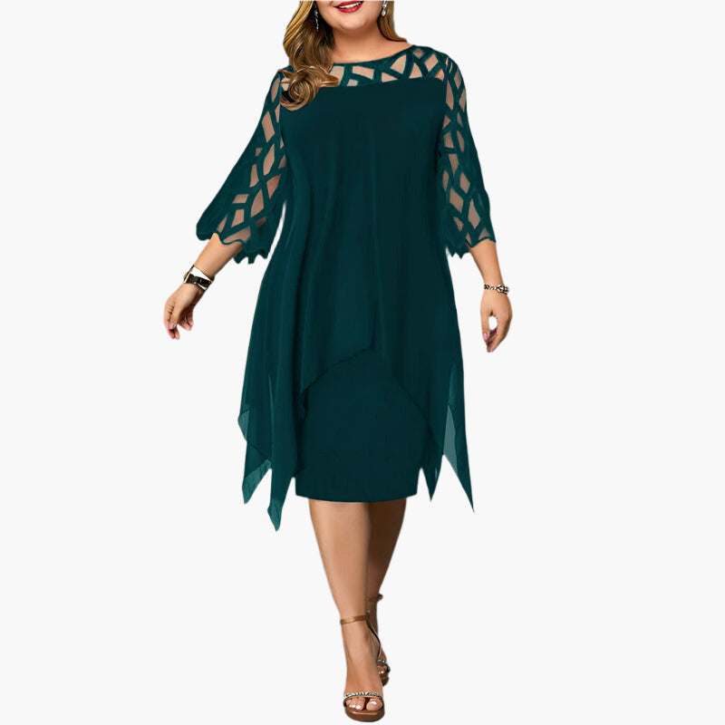 Women's Elegant Plus Size Midi Dress with Sheer Lace Sleeves – Stylish Cocktail & Evening Wear