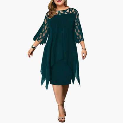 Women's Elegant Plus Size Midi Dress with Sheer Lace Sleeves – Stylish Cocktail & Evening Wear