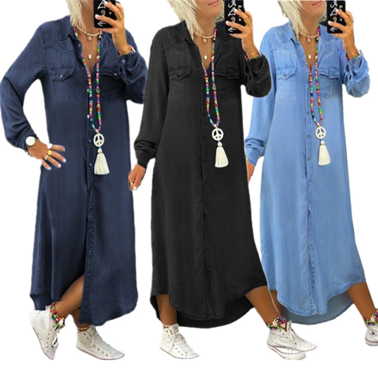 Phoebe – Denim Long Skirt with Short Sleeves and Shirt Collar