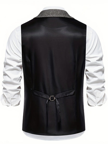 Men's Classic Herringbone Suit Vest with Lapel – Formal Business Waistcoat