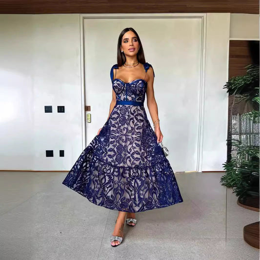 Alice – Long Backless Embroidered Dress in Blue
