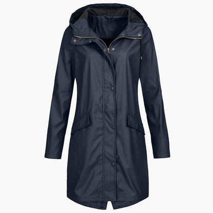 Women's Waterproof Windproof Rain Jacket – Modern Knee-Length Outdoor Coat