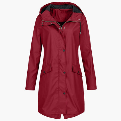 Women's Waterproof Windproof Rain Jacket – Modern Knee-Length Outdoor Coat