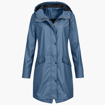 Women's Waterproof Windproof Rain Jacket – Modern Knee-Length Outdoor Coat