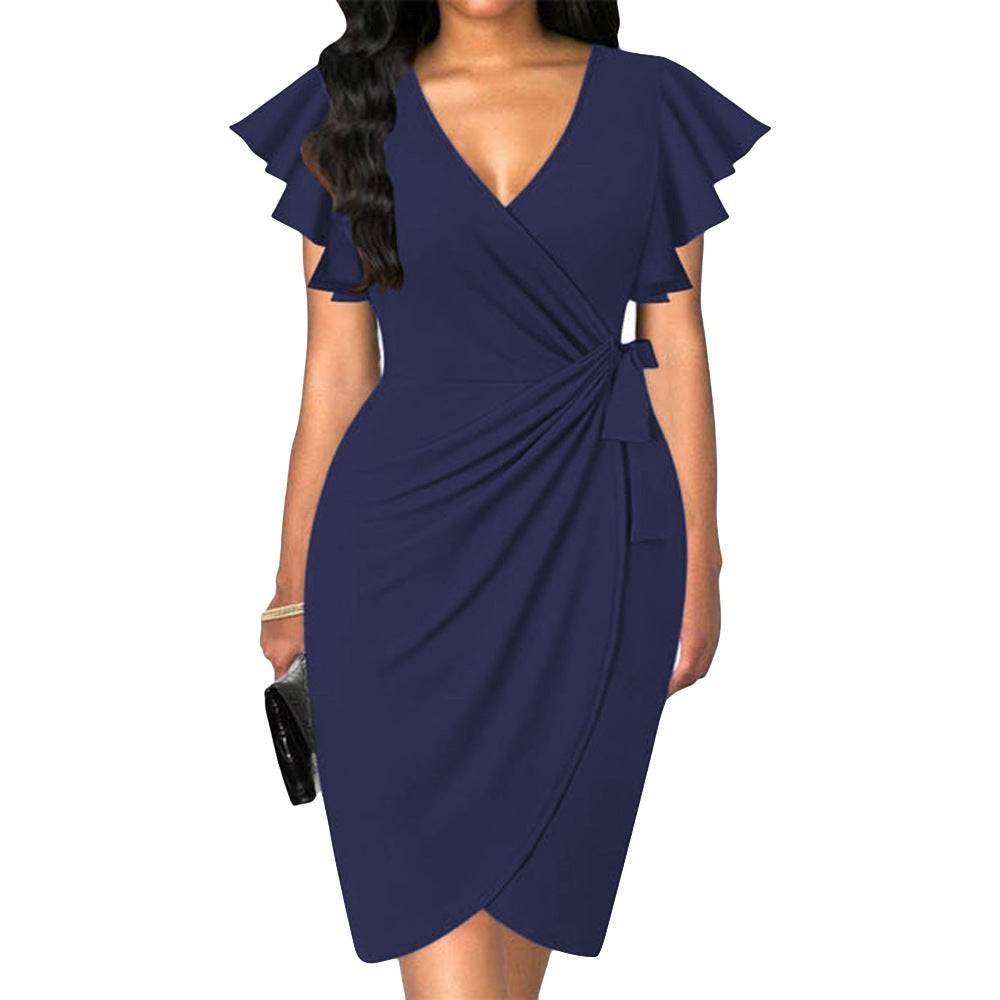 Betty – V-neck Tight Waist Pleating Bell Sleeve Sheath Dress