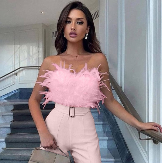 Samantha – Temperament Feather Tube Top Jumpsuit