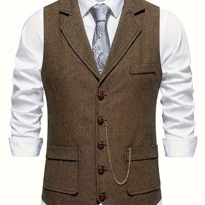 Men's Classic Herringbone Suit Vest with Lapel – Formal Business Waistcoat