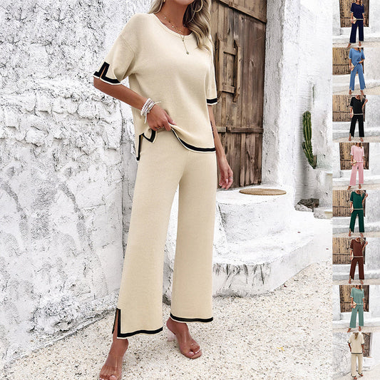 Rachael – Casual Black Striped Two-Piece Summer Set with Short Sleeve Top and Loose Straight Pants