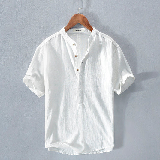 Malcolm – Men's Stand Collar Japanese Ice Silk Linen Short Sleeve T-shirt