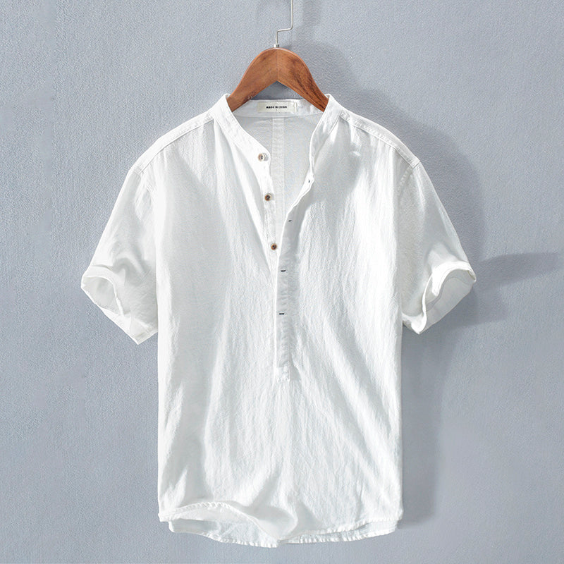 Malcolm – Men's Stand Collar Japanese Ice Silk Linen Short Sleeve T-shirt